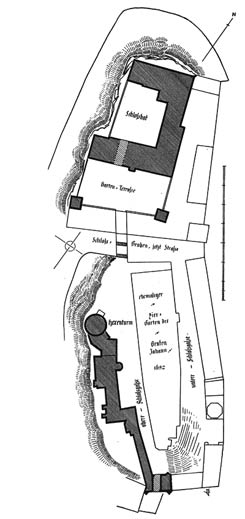 Idstein, Lageplan der Gesamtanlage Anf. des 20. Jhs. (Luthmer). Das Renaissanceschloss im Norden nimmt die Stelle der mittelalterlichen Kernburg ein. Der 