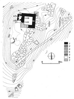 Půdorys hradu. Obrys sond archeologickho vzkumu črkovaně. 1  romnsk zdivo donjonu, 2  patrně romnsk zdivo, 3  gotick zdivo, 4  pozdně gotick zdivo, 5  ble nedatovan středověk zdivo, - archeologicky zjitěn středověk zdivo vystavěn bez pouit malty, 7  zdivo 20. stolet -  Grundriss der Burg. Umriss der Sonden der archologischen Untersuchungen  mit unterbrochener Linie markiert. 1  romanisches Mauerwerk des Donjons, 2 - wahrscheinlich romanisches Mauerwerk, 3  gotisches Mauerwerk, 4  sptgotsiches Mauerwerk, 5  nicht nher datiertes mittelalterliches Mauerwerk, 6  archologisch festgestelltes mittelalterliches Trockenmauerwerk, 7  Mauerwerk des 20. Jahrhunderts.