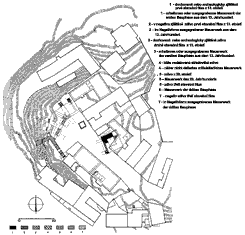 Půdorys hradu se zakreslenmi vsledky archeologickho vzkumu v letech 1999 - 2000. 1  - dochovan nebo archeologicky zjitěn zdivo prv stavebn fze z 13. stolet, 2 - v negativu zjitěn  zdivo prv stavebn fze z 13. stolet, 3 - dochovan  nebo archeologicky zjitěn zdivo druh stavebn fze  z 13. stolet, 4 - ble nedatovan středověk zdivo,  5 - zdivo z 20. stolet, 6 - zdivo třet stavebn fze, 7  - negativ zdiva třet stavebn fze  Grundriss der Burg mit eingezeichneten Ergebnissen der archologischen Untersuchung im Jahren 1999  2000. 1  erhaltenes oder ausgegrabenes Mauerwerk der ersten Bauphase aus dem 13. Jahrhundert, 2  im Negativform ausgegrabener Mauerwerk aus dem 13. Jahrhundert, 3 - erhaltener oder ausgegrabener Mauerwerk der zweiten Bauphase aus dem 13. Jahrhundert, 4  nher nicht datierter mittelalterlicher Mauerwerk, 5  Mauerwerk des 20. Jahrhunderts, 6  Mauerwerk der dritten Bauphase, 7 - im Negativform ausgegrabenes Mauerwerk der dritten Bauphase