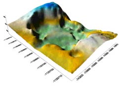 PŘÍBĚNIČKY. 3D model lomu v předpolí v programu ArcMap 9.2. Podle Hložek 2010. - PŘÍBĚNIČKY. 3D Modell des Bruches im Vorfeld  der Burg im Programm Surfer 8 (Golden software). Nach Hložek 2010