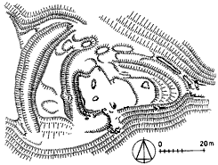 HRAD POD HRNČŘEM. Půdorys hradu podle J. Anderleho a V vbka. Podle Durdk 2007. - HRAD POD HRNČŘEM. Grundriss der Burganalage von J. Anderle und V. vbek. Nach Durdk 2007