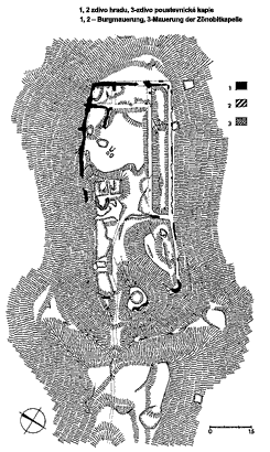 JIVNO. Půdorys hradu. 1, 2 zdivo hradu, 3-zdivo poustevnick kaple. Podle Durdk 2000.  JIVNO. Grundriss der Burg. 1, 2  Burgmauerung, 3-Mauerung der Znobitkapelle. Nach Durdk 2000