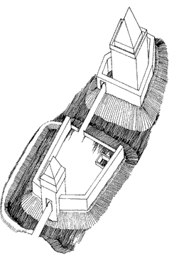 ČEJCHANOV. Hmotov  rekonstrukce hradu. Kresba P. Chotěbor. Podle Durdk (1980)  ČEJCHANOV. Masserekonstruktion der Burg. Zeichnung P. Chotěbor. Nach Durdk (1980)