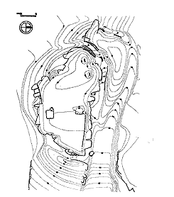 HRAD U KVTKOVA. Celkov pln hradn dispozice podle F. Gabriela a J. Pančka (1985). Podle Durdk 2007. - HRAD U KVTKOVA  Grundriss der Burganlage nach F. Gabriel und J. Panček (1985). Nach Durdk 2007