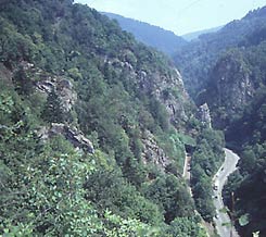 Aussicht von der Burg ins H�llental und zur Engstelle des �Hirschsprunges� (H. Wagner 24.6.2003).
