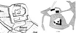 L: Amtsburg um 1780, Plan von Huismann, Staatsarchiv Mnster Signatur KS A5015, R: Grundriss in DGK 5, Ldinghausen,