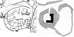 L: Ldinghausen, Wolfsberg um 1780, Plan von Huismanns, Staatsarchiv Mnster Signatur KS A5015, R:Ldinghausen-Burg Wolfsberg in BuK Ldinghausen, 61