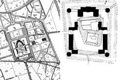 L: Grundriss in DGK 5, R: Nordkirchen, Schloss, kombinierter Plan des aktuellen und des Vorgängerbaus, Mummenhoff 1975