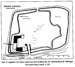 Lageplan (H. Andermahr, Haus Laach  Eine untergegangene Bergheimer Burg, in: Geschichte in Bergheim, JB des Bergheimer Geschichtsvereins, Bd. 10, 2001, S. 109)