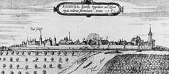 Stadtansicht von Zons von Osten 1575 nach Braun und Hogenberg, Beschreibung und Contrafactur der vornembster Staet der Welt