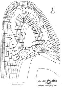 Aba-Belsőbrnd-Ebvr. Die Vermessung der Burganlage, 1997. (Zeichnung: Gyrgy Terei)