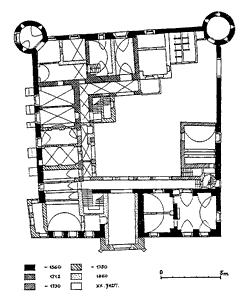 Mihlyi.  Der Grundriss des Schlosses mit den Bauperioden, 1984 (Zeichn ung: Tibor Koppny)