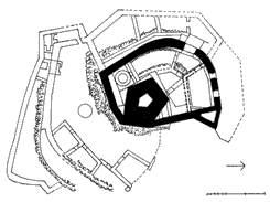 Hollkő. Grundriss der Burg mit der Markierung der ersten Bauperiode (Zeichnung: Istvn Feld)