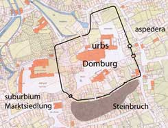 Plan der Domburg mit dem südlich davor liegenden Steinbruch (aus Günther 2007, S. 62)