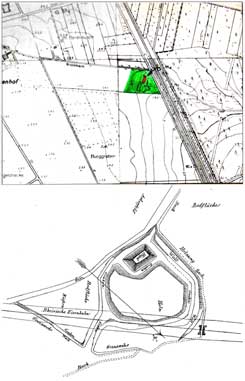 oben: Lageplan der Motte Flachenhof in Langenfeld-lmmigrath, Kr. Mettmann. Nach Denkmalblatt ME 08 des Rhein. Amtes fr Bodendenkmalpflege. Bonn. Unten:Motte Flachenhof in Langenfeld-lmmigrath, Kr. Mettmann um 1870. M. 1:1250, nach Mller-Wille, Burghgel (1966), S. 54, Abb. 26. 