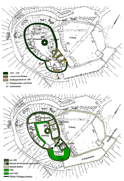 Bestandsplan (Bauphasenplan), aus: Torsten Remus, Die Baugeschichte der Burg Schnfels, in: Burgenforschung aus Sachsen 21 (2008), S. 7-40.