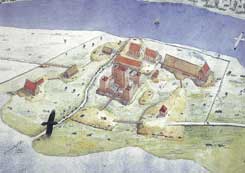 Reconstruction of the castle, drawing: Jesper Laursen, The National Museum of Denmark