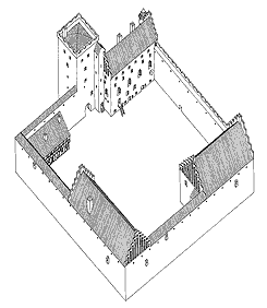 Reconstruction of Krogen c. 1450 from the south west, drawing: Thomas Bertelsen