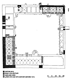 Plan of present basement level, hatching indicates recorded medieval remains, drawing: Heidi Maria Mller Nielsen (2005)