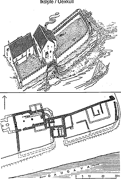 Archologisch freigelegter Grundriss und Rekonstruktion der Burg, aus: Jansons (2002) 