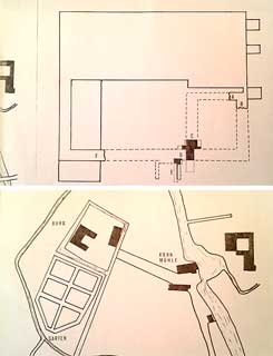 oben: Vlassrath. Hauptburg mit Grabungsbefund n. S. Frankewitz (1979), unten: Lageplan Vlassrath. Zustand 17./.18. Jh. n. S. Frankewitz (1979)