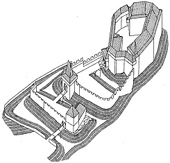 Hmotov konstrukce hradu v zvěrečn fzi jeho existence. Zakreslena nen doposud neznm zstavba předhrad  Baumassenrekonstruktion der Burg in der Sptphase. Unbekannte Bebauung  beider Vorburgen nicht eingezeichnet. Zeichnung J. Durdkov.