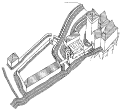 Hmotov rekonstrukce hradu v zvěrečn fzi jeho existence. Pohled od jihozpadu. - Baumassenrekonstruktion der Burg in der Endphase seiner Existenz. Blick vom Sdwesten. Zeichnung J. Durdkov. 