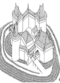 Hmotov rekonstrukce hradu v pohledu od severozpadu  Baumassenrekonstruktion der Burg im Blick vom Nordwesten. Zeichnung. J. Durdkov. 