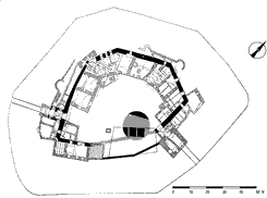 Půdorys hradu Nov Hrady (podle J. Muka). Doplněno o vsledky archeologickho vzkumu. Grundriss der Burg Gratzen (nach J. Muk). Ergnzt mit den Ergebnissen der archologischen Untersuchung.