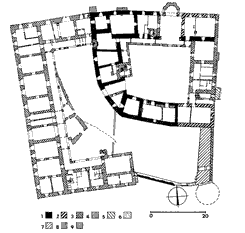 Komorn hrdek. Půdorys hradu. 1-zdivo aus der 1. desetilet 15. stolet; 2-pravděpodobně zdivo z 2. desetilet 15. stolet; 3-renesančn zdivo; 4-barokn zdivo; 5-pravděpodobně barokn zdivo; 6-novověk zdivo; 7-zdivo pozdně gotick ttov zdi; 8-patrně gotick zanikl zstavba předhrad 9-mlad předmanristick fze zanikl zstavby předhrad; črkovaně archeologicky zjitěn vněj hrana přkopu předhrad a předpokldan obrys bateriov věe. Podle T. Durdka (2000). Komorn hrdek. Grundriss der Burg. 1-Mauerwerk aus dem 1. Jahrzehnt des 15. Jh.; 2-wahrscheinlich Mauerwerk aus dem 2. Jahrzehnt des 15. Jh.; 3- Renaissancemauerwerk; 4-Barockmaerwerk; 5-wahrscheinlich Barockmaerwerk,  6-neuzeitliches Mauerwerk; 7-sptgotisches Mauerwerk der Schildmauer;  8-wahrscheinlich gotische untergegangene Bebauung der Vorburg; jngere untergegangene vormanieristische Bebaung der Vorburg. Gestrichelt archologisch feststellene Kante des Grabens des Burgkerns und die Flche des Batterieturmes. Nach T. Durdk (2000).