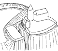 Faltejn. Hypotetick rekonstrukce hradu podle M. Kohouta.  Faltejn. Hypothetische Rekonstruktion der Burg. Nach M. Kohout.