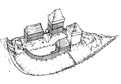 Stran skla. Hypotetick rekonstrukce hradu podle M. Novobilskho.  Stran skla. Hypothetische Rekonstruktion der Burg. Nach M. Novobilsk.