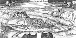 Ebernburg, Ansicht von Osten, Kupferstich von N.N., vor 1629, Pfälzisches Burgenlexikon Bd. I (2007), S. 436