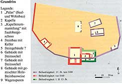 Burgruine Kaiserslautern, Grundrissplan der hochmittelalterlichen Befunde in der sdlichen Hlfte des Burgareals, 2005 (Zeichnung: Dieter Barz nach Vorlage von Karl-Werner Kaiser, LfD SP) Pflzisches Burgenlexikon Bd. III (2005), S. 120 