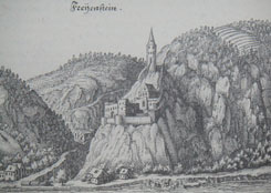 Freienstein: Historische Ansicht der Burg. Aus: Merian, Topographia (1649)