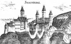 Schaunberg: Historische Ansicht der Burg, aus: Vischer, Topographia (1674)