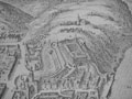 Linz: Historische Vogelschauansicht von Stadt und Schloss, aus Merian, Topographia (1649)