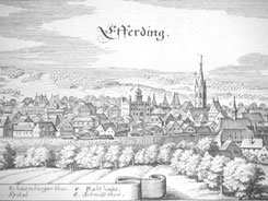 Eferding: Historische Ansicht von Stadt und Schloss. Aus: Merian, Theatrum europaeum V (1647)