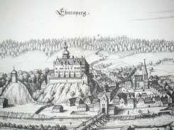 Ebelsberg: Historische Ansicht von Stadt und Schloss. Aus: Merian, Topographia (1649)