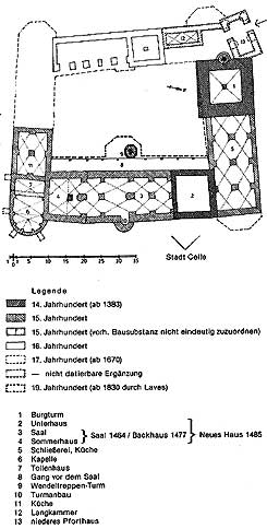 Aus: H. Masuch, Schlo� Celle. Ergebnisse der bauhistorischen Untersuchung f�r den gro�en Saal (Berichte zur Denkmalpflege in Niedersachsen 12), 1992, Abb. 6.