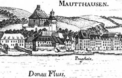 Pragstein: Historische Ansicht von Markt, Kirche und Burg, aus: Vischer, Topographia (1674)
