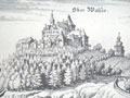 Oberwallsee: Historische Ansicht der Burg, aus: Merian, Topographia (1649)