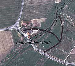 Luftbild mit vermutlichen Grundrisselementen der Burg Lauenthal. T. Budde 2005  (bisher unverffentlicht, Luftbildgrundlage Orthofoto LGLN Hannover)