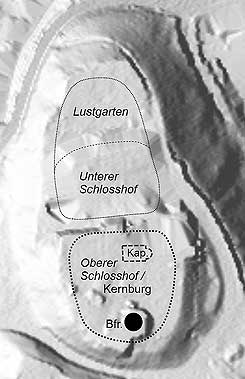 Rekonstruierter Umriss von Kernburg (mit Bergfried und ehem. Kapelle) und nrdlicher Vorburg, Christine Mller (2018)