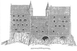 Rekonstruktionsversuch der Oberburg kurz vor ihrer Zerst�rung 1689, S�dansicht. Links das Vordere Haus, rechts das Hintere Haus. M. Hesselbacher, 1963; aus: Wagner, Oberrhein (2003)