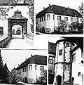 Details des Schlosses Wachbach, Eckturm, Fassade mit Küchenanbau, Schlosstor. Foto vom Stadtarchiv Bad Mergentheim zur Verfügung gestellt, vermutlich 70er Jahre.