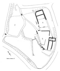 Landeck, Grundriss der Oberburg (A), Unterburg (B) und des evtl. Stadtgebietes (C), aus: Wagner, Oberrhein (2003)