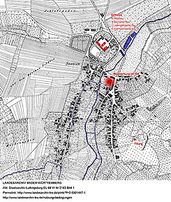 Lage von Schloss, Yburg und Wasserburg in Stetten im Remstal in den Flurkarten NO 2619-2719 von 1824 (http://www.landesarchiv-bw.de/plink/?f=2-5301627-1), Hervorhebungen: Christoph Engels