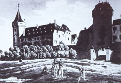 Erzbischfliche Burg und Rheintor, um 1835, aus: Oellers, Linz (1994)
