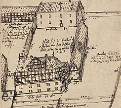 Zeichnung des Schlosses durch Landgraf Moritz 1630, aus Ulrike Hanschke, Zwischen 'Abriss' und 'Intervention', Kassel 2017, S. 108)